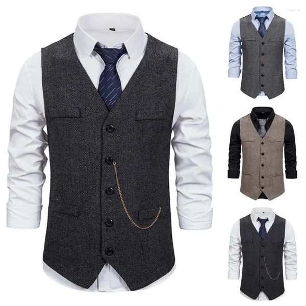 Gilets pour hommes hommes gilet élégant gilet formel avec décor de chaîne coupe mince coupe simple col en V affaires manteau anti-rides