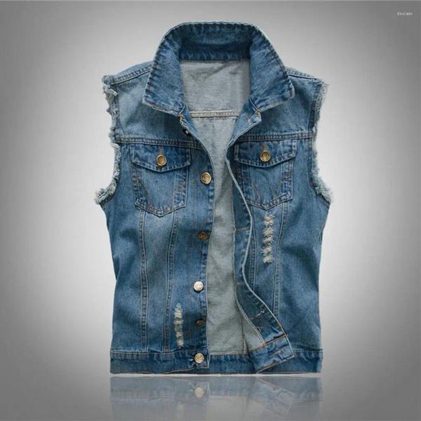 Chalecos para hombres Hombres Chaleco Chaqueta Ripped Denim Chaleco para Hop Streetwear con bolsillos de un solo pecho Color Sólido Soft Cardigan Plus