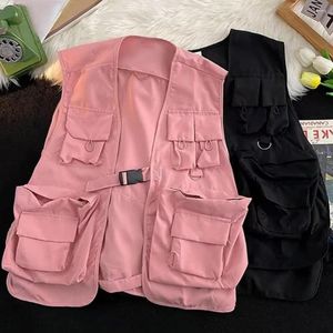 Gilets pour hommes Hommes Veste Veste Streetwear Hop Style Unisexe avec fermeture à boucle multi-poches pour femmes Couleur unie Gilet cargo