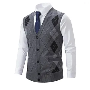 Gilets pour hommes Hommes Gilet Tricoté Business Couleur Assortie Rhombus Imprimer Simple Boutonnage Col V Épais Chaud Automne Hiver Pull Chaleco Hombre