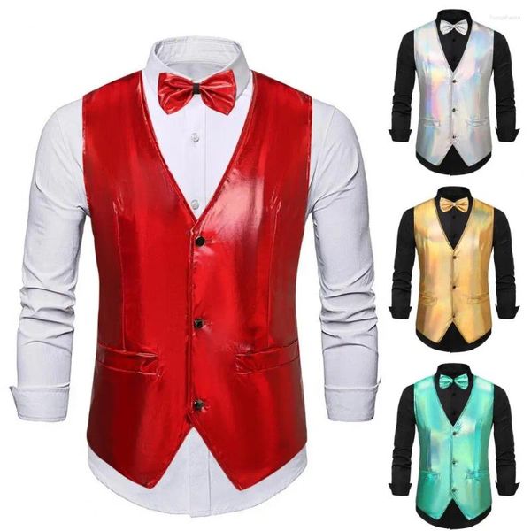 Chalecos para hombres Hombres Chaleco Retro Disco Novio Boda Fiesta Chaleco Pajarita Set con superficie brillante V Cuello de un solo pecho para especial