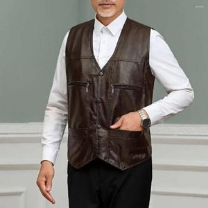 Gilets pour hommes Gilet de couleur unie Gilet élégant en faux cuir d'âge moyen Col en V avec doublure en peluche Coupe-vent chaud