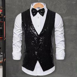 Heren Vesten Heren Vest Stage Performance Compere Emcee Pailletten Slim Fit V-hals Mouwloos Single-breasted Vest Met Strik-knoop