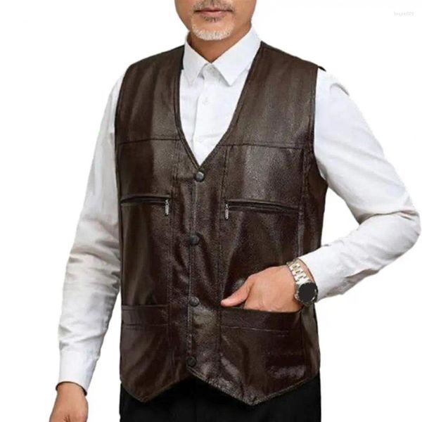 Gilets pour hommes hommes gilet élégant mi-âge faux cuir col en v gilet avec doublure en peluche chaud coupe-vent multi-poches hiver