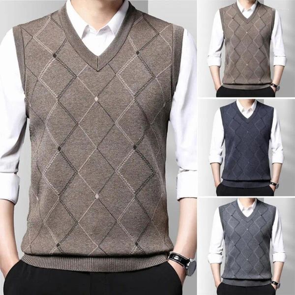 Gilets pour hommes Hommes Gilet élégant col en V gilet tricoté chaud coupe-vent doux haut sans manches pour automne / hiver conception de losange géométrique