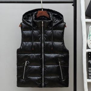 Heren Vesten Mannen Winter Vest Liefhebbers Warm Dames Mouwloze Jas Glanzende Bovenkleding Afneembare Kap