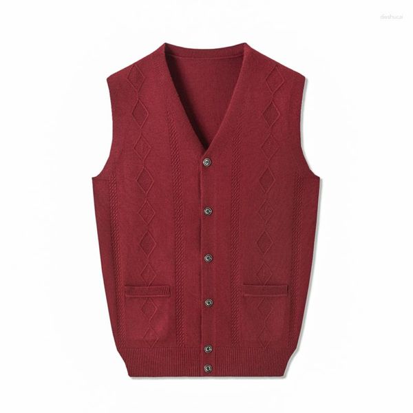 Chalecos para hombres Hombres Chaleco de punto de lana Botones Abajo V Cuello Sin mangas Suéter Cardigan Grueso Básico para Otoño Invierno Bolsillos Negocios Casual A2201