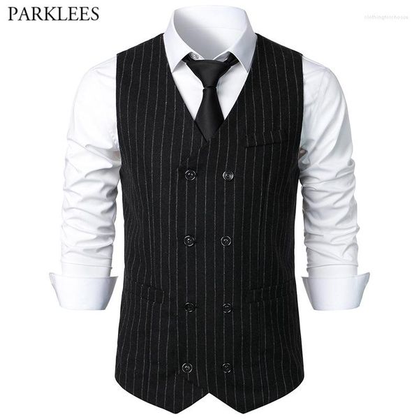 Gilets pour hommes Hommes Noir Pinstripe Costume Gilet Marque Double Boutonnage Slim Fit Sans Manches Gilet Hommes Gentleman Business Rétro Chaleco Hombre