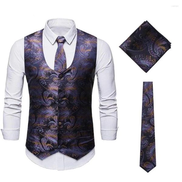 Chalecos para hombres Mens Classic 3pc Jacquard Paisley Chaleco Conjunto Corbata Bolsillo Cuadrado Chaleco Hombres Formal Fiesta Boda Prom Traje de esmoquin