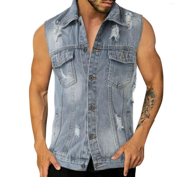 Gilets pour hommes Manteaux pour hommes Vieux trou Bouton Revers Denim Gilet Veste d'été Poches à la mode Vêtements d'extérieur Homme Vestes Vente Chaleco Hombre