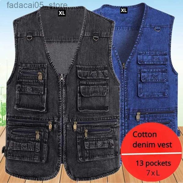 Chalecos para hombres Mens Denim de algodón Caminata sin mangas camionero Jean Jean chalecos de bolsillo de pesca al aire libre Outdoor Fotographing Casual 7xl chaleco Q240122