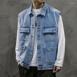 Heren Vesten Heren Denim Vest Jassen Mouwloze Jean Jas Herfst Losse Casual Cargo Mannelijke Kleding Bovenkleding Blauw Streetwear