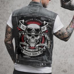 Gilets pour hommes Hommes Denim Gilet Crâne Imprimer Moto Biker Punk Hip Hop Top Gilet Trou Ripped Coton Sans Manches Jean Veste Hommes 221008