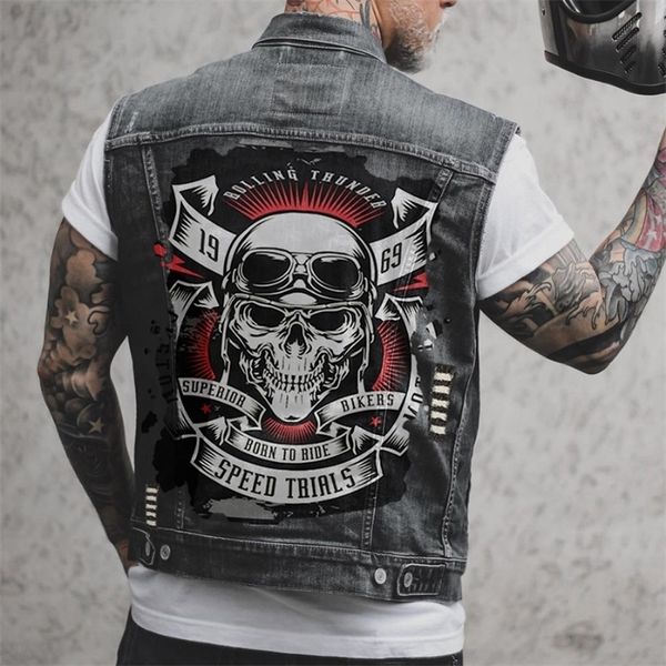 Gilets pour hommes Hommes Denim Gilet Crâne Imprimer Moto Biker Punk Hip Hop Top Gilet Trou Ripped Coton Sans Manches Jean Veste Hommes 221008