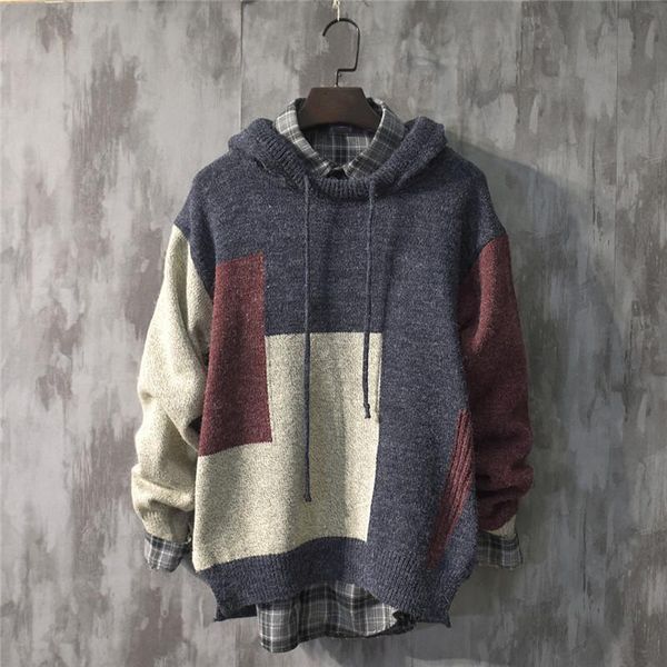 Chalecos para hombre, sudaderas con capucha de punto de Color empalmado a la moda para hombre, suéter holgado para hombre, manga larga cálida, Otoño Invierno