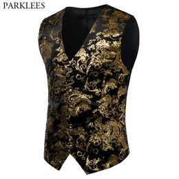 Gilets pour hommes Hommes Or Métallique Paisley Imprimé Steampunk Gilet Simple Boutonnage Col En V Gilet De Mariage Hommes Tuxedo Aristocrate Gilets Gilet 2XL 230214