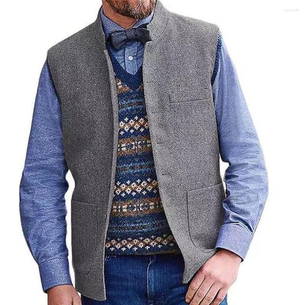 Chalecos para hombres Chaleco de caza para hombre Chaleco con cuello levantado retro Traje de boda de tweed vintage Gris / Negro / Rojo / Caqui / Verde militar