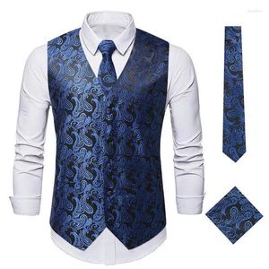 Heren Vesten Heren Jacquard Vest Stropdas Hanky Manchetknopen Set Voor Mannen Pak Mouwloos Jasje Bruiloft Business Party Tuxedo