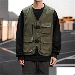 Gilets pour hommes Hommes Hommes Sans manches Cargo Gilet Veste Col en V Solide Couleur Poches MTI Fermeture à glissière Patte Boucle Fermeture Manteau Randonnée Vêtements Otcgq