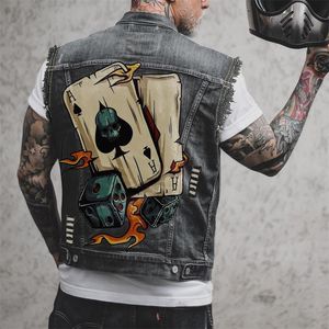 Gilets pour hommes Hommes Moto Gilet Crâne Imprimer Hip Hop Punk Rock Biker Denim Gilet Trou Ripped Coton Sans Manches Jean Veste Manteau 230815