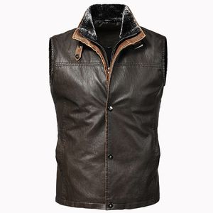 Gilets pour hommes Hommes PU Cuir Gilet Vintage Casual Steampunk Sans Manches Moto Jakcet Manteau 2023 Automne Col De Fourrure Détachable 5XL 230909