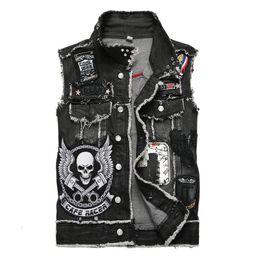 Mannen Vesten Heren Punk Denim Zwarte Schedel Borduren Vest Slim Fit Mode Jeans Mouwloze Jas Mannelijke Vest Tops 230620