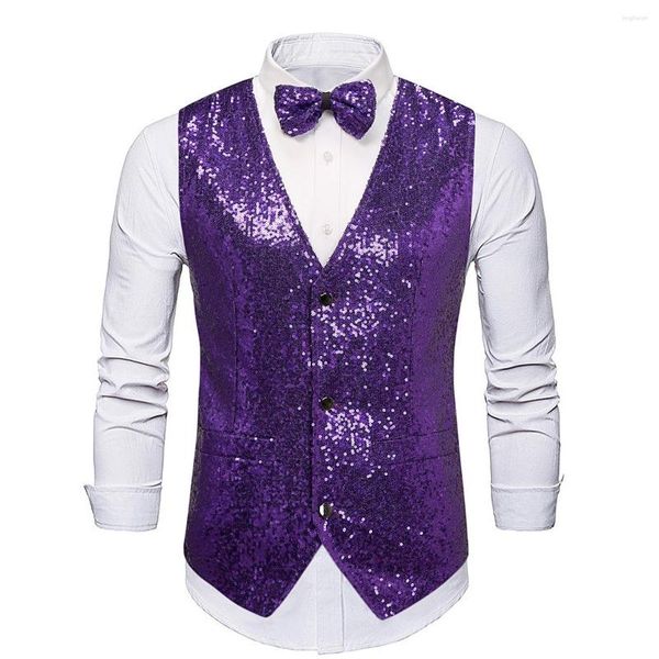 Gilets pour hommes Hommes Brillant Violet Sequin Gilet Col V Slim Fit 70s Disco Party Robe Costume Gilet Bowtie 2 Pièces Prom Tuxedo Gilet Homme XXL