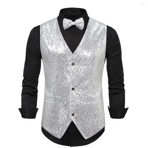 Gilets pour hommes Hommes Brillant Paillettes Col V Slim Fit Costume Gilet Bowtie Set Mariage Prom Tuxedo Gilet Hommes 70s Disco Party Gilet Homme XXL