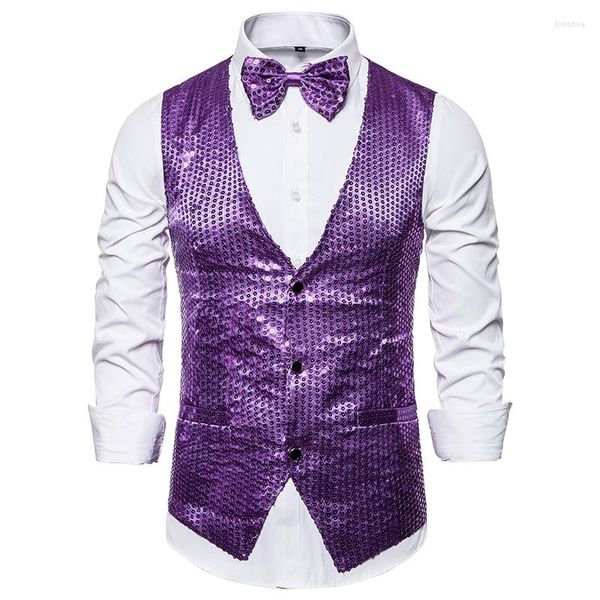 Hommes gilets hommes Slim Fit paillettes noeud papillon 2 pc ensemble col en v brillant robe de soirée costume élégant gilet gilet hommes Disco Chaleco Hombre