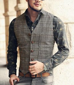 Herenvesten heren pak mannen bruin zwart vest vest man geruite steampunk jas gestreepte tweed v nek slank fit gilet bruiloft kleding