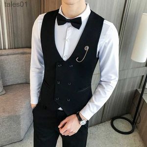 Heren Vesten Heren Pak Vest Nieuwe Double Breasted Effen Kleur Business Casual Formele Kleding Hoge Kwaliteit Merk Mode Kleding Jurk yq240401