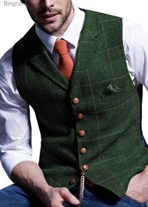 Herenvesten Herenkostuums Gekerfd geruit Wol Visgraat Tweed Gilet Casual Formeel Zakelijk Groomman Voor Bruiloft Groen/Zwart/Groen/GrijsL231014