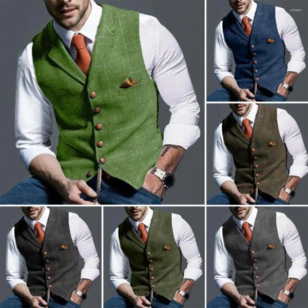 Gilets pour hommes Mens costume gilet cranté laine à carreaux chevrons tweed rayé gilet décontracté formel affaires marié pour veste de mariage bleazer