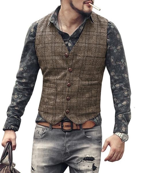 Chalecos de hombre chalecos de traje para hombre hombres marrón negro chaleco chaleco hombre plaid steampunk chaqueta a rayas tweed con cuello en v slim fit gilet ropa de boda 230210