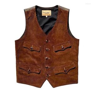 Herenvesten heren v nek corduroy vest bruin vintage mouwloze jassen herfst casual vest safari patchwork korte stijl hoge kwaliteit hoge kwaliteit