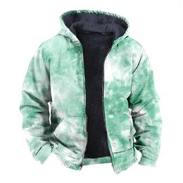 Herenvesten Heren Winter Tie Dye Gedrukt Fleecejack Casual Lange mouwen Rits Dubbele zak Capuchon Mountain Mont Erkek