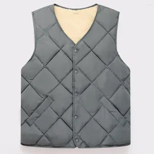 Gilets pour hommes Hommes d'âge moyen Veste d'hiver Veste Col V Sans manches Doublure en polaire Gilet de couleur unie Poches Manteau chaud à simple boutonnage