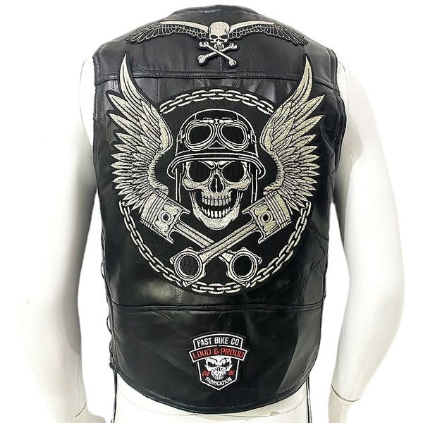 Gilets pour hommes Moto Gilet en cuir Patch Veste de moto sans manches pour hommes Biker Casual Streetwear Gilet Locomotive Club Punk Veste 230807