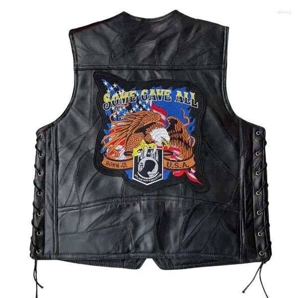 Chalecos para hombre, chaleco de cuero sin cuello bordado informal para motocicleta, chaqueta sin mangas para motociclista, abrigo de ropa Punk de moda