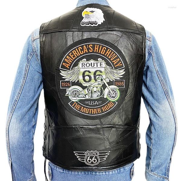 Gilets pour hommes Gilet brodé en cuir de moto Veste sans manches à simple boutonnage Casual Four Seasons Biker Vestes Gilet Punk Veste