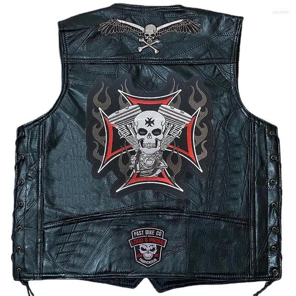 Chalecos para hombres Chaleco de cuero para motocicleta Parches bordados de moda Chaqueta de motociclista sin mangas Ropa de calle informal Locomotora Club Punk Veste