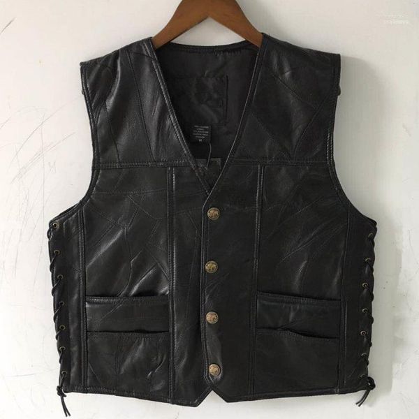 Gilets pour hommes gilet en cuir de moto veste sans manches gilet d'équitation en peau de mouton couture côté dentelle mâle Phin22