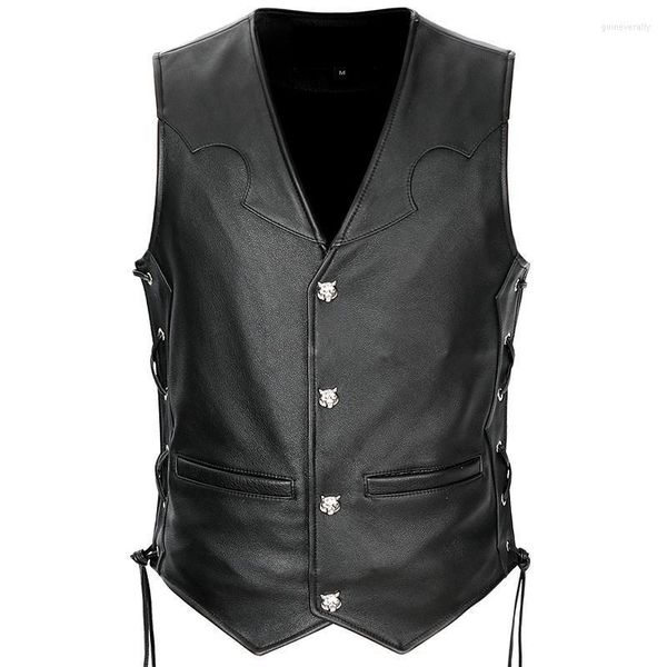 Gilets pour hommes Moto Mens Biker Gilet en cuir véritable Gilet Veste Véritable peau de vache sans col Manteau sans manches Dentelle réglable 5XL Guin22