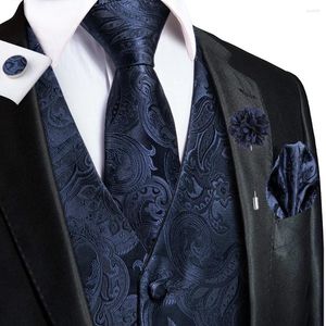 Chalecos para hombres Azul marino para hombre Seda Negocio Paisley V-Necl Chaleco Corbata Hanky Gemelos Broche Conjunto para hombres Traje Boda Formal Hi-Tie