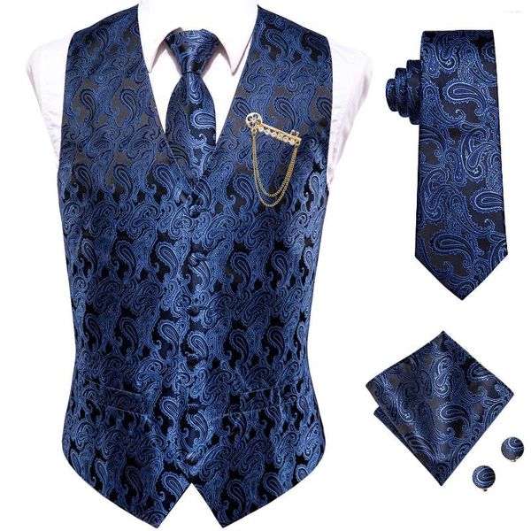 Chalecos para hombres Vesta de seda azul marino para hombres Clásico Paisley Jacquard Masculino con cuello en V Chaleco Boda Chaqueta formal Diseñador de negocios Fiesta Hi-Tie