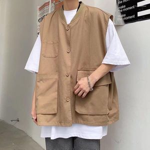 Hommes gilets marine kaki Cargo gilet hommes mode rétro poche hommes japonais Streetwear ample Hip Hop sans manches veste col en V