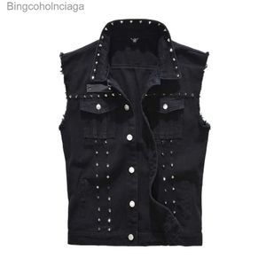 Gilets pour hommes Nouveau 2022 Denim Gilet Hommes Punk Rock Rivet Cowboy Noir Jeans Gilet Mode Hommes Moto Style Sans Manches Jeans Veste M-6XLL231014