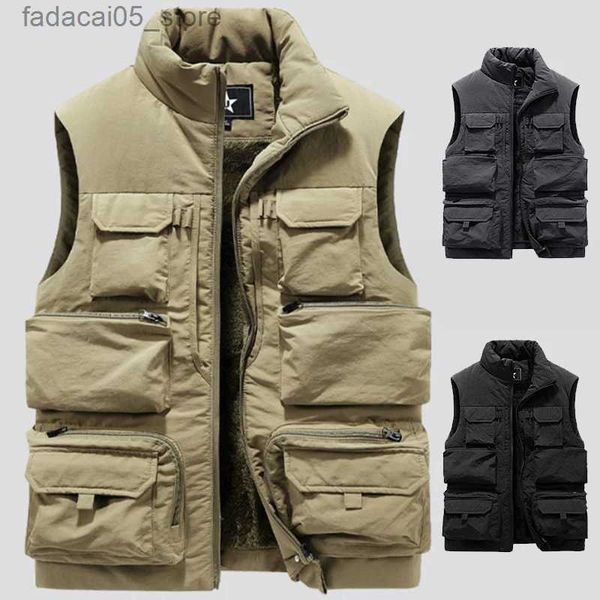 Chalecos para hombres Nueva moda Hombres Chaleco de carga Invierno Grueso Fleece Cálido Sin mangas Chaqueta deportiva Color sólido Abrigo táctico Hombres Bolsillos Chaleco de trabajo Q240122