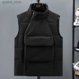 Gilets pour hommes Nouveaux hommes automne hiver vers le bas coton gilet poche avant gilet chaud sans manches veste col montant couleur unie fermeture éclair manteau Q231129