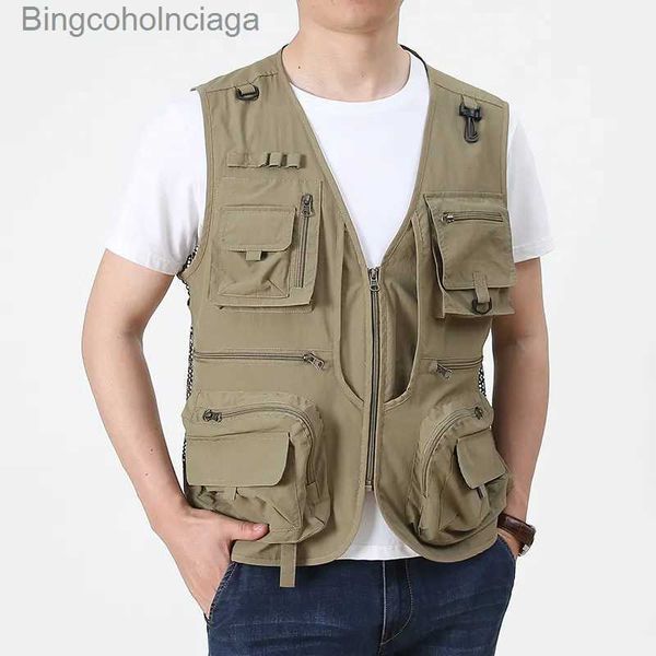 Gilets pour hommes Nouveaux hommes été photographie pêche lti poche manteaux gilets fermeture éclair loisirs de plein air maille alpinisme sans manches col en v TopsL231014